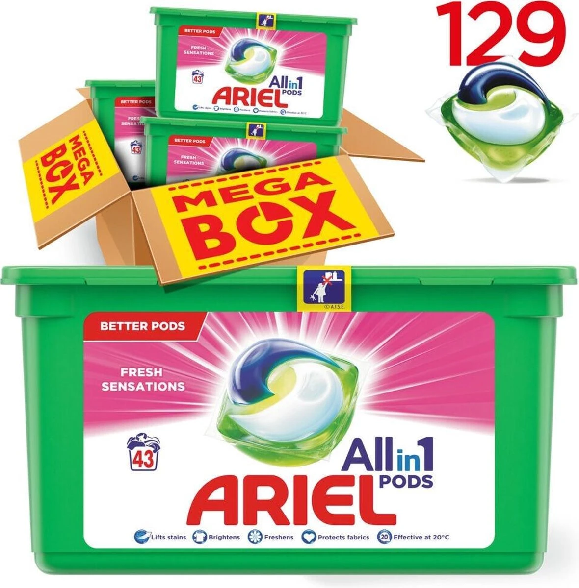 Ariel All In 1 Wasmiddel Pods Fresh Sensations - 3x43 Wasbeurten - Halfjaarbox 2 Ariel All In 1 Wasmiddel Pods Fresh Sensations - 3x43 Wasbeurten - Halfjaarbox - Afbeelding 2