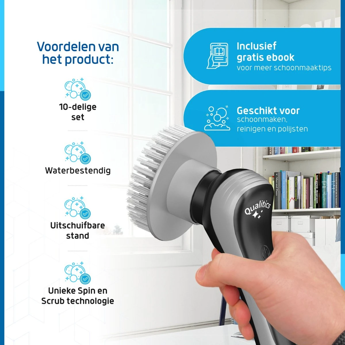 Qualitics Elektrische Schoonmaakborstel - Roterende Polijstmachine - Schrobborstel - Poetsmachine - Vloerreiniger Met 10 Opzetstukken 8 Qualitics Elektrische Schoonmaakborstel - Roterende Polijstmachine - Schrobborstel - Poetsmachine - Vloerreiniger Met 10 Opzetstukken - Afbeelding 8