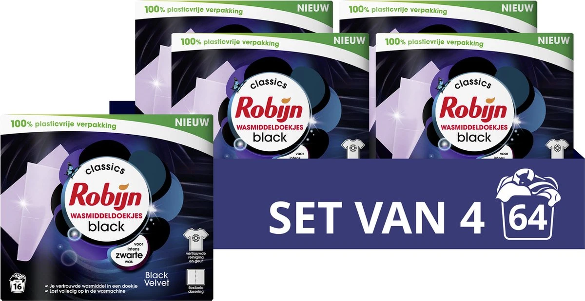 Robijn Classics Black Velvet Wasmiddeldoekjes - 4 X 16 Wasstrips - Voordeelverpakking 1 Robijn Classics Black Velvet Wasmiddeldoekjes - 4 X 16 Wasstrips - Voordeelverpakking