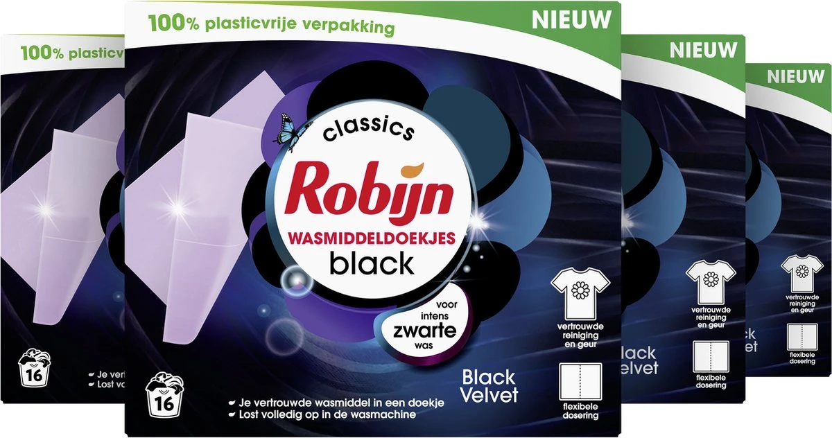Robijn Classics Black Velvet Wasmiddeldoekjes - 4 X 16 Wasstrips - Voordeelverpakking 2 Robijn Classics Black Velvet Wasmiddeldoekjes - 4 X 16 Wasstrips - Voordeelverpakking - Afbeelding 2