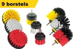 Kibani 9 Delige Borstelset Voor Boormachine - Wit, Rood, Geel - Voor Wielen, Tapijt, Bekleding, Beton En Steen | Schrobborstel – Boorborstel – Schuurborstel - Borstel Boormachine – Schoonmaakborstel – Reinigingsborstel – Tapijtreiniger - Borstelset