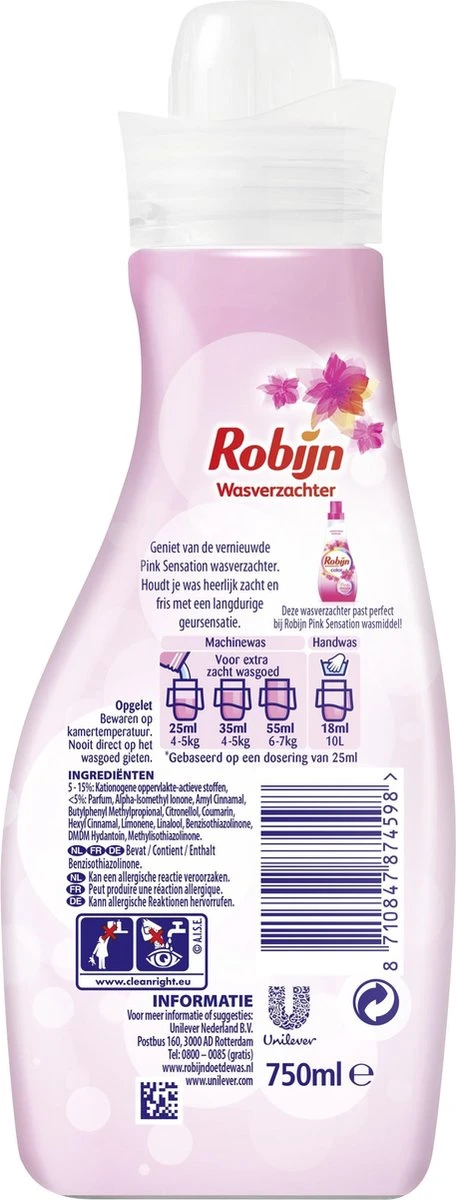 Robijn Pink Sensation Vloeibaar Wasverzachter - 4 X 30 Wasbeurten - Voordeelverpakking 2 Robijn Pink Sensation Vloeibaar Wasverzachter - 4 X 30 Wasbeurten - Voordeelverpakking - Afbeelding 2