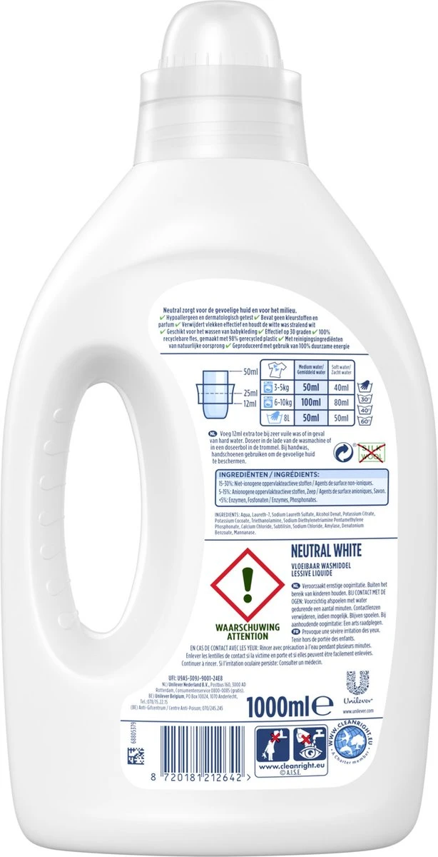 Neutral Neutral Wasmiddel Pakket Parfumvrij En Hypoallergeen Wit + Zwart + Kleur Zorgt Voor De Gevoelige Huid én Voor Het Milieu (1+1+1) X 20 Wasbeurten 2 Neutral Neutral Wasmiddel Pakket Parfumvrij En Hypoallergeen Wit + Zwart + Kleur Zorgt Voor De Gevoelige Huid én Voor Het Milieu (1+1+1) X 20 Wasbeurten - Afbeelding 2